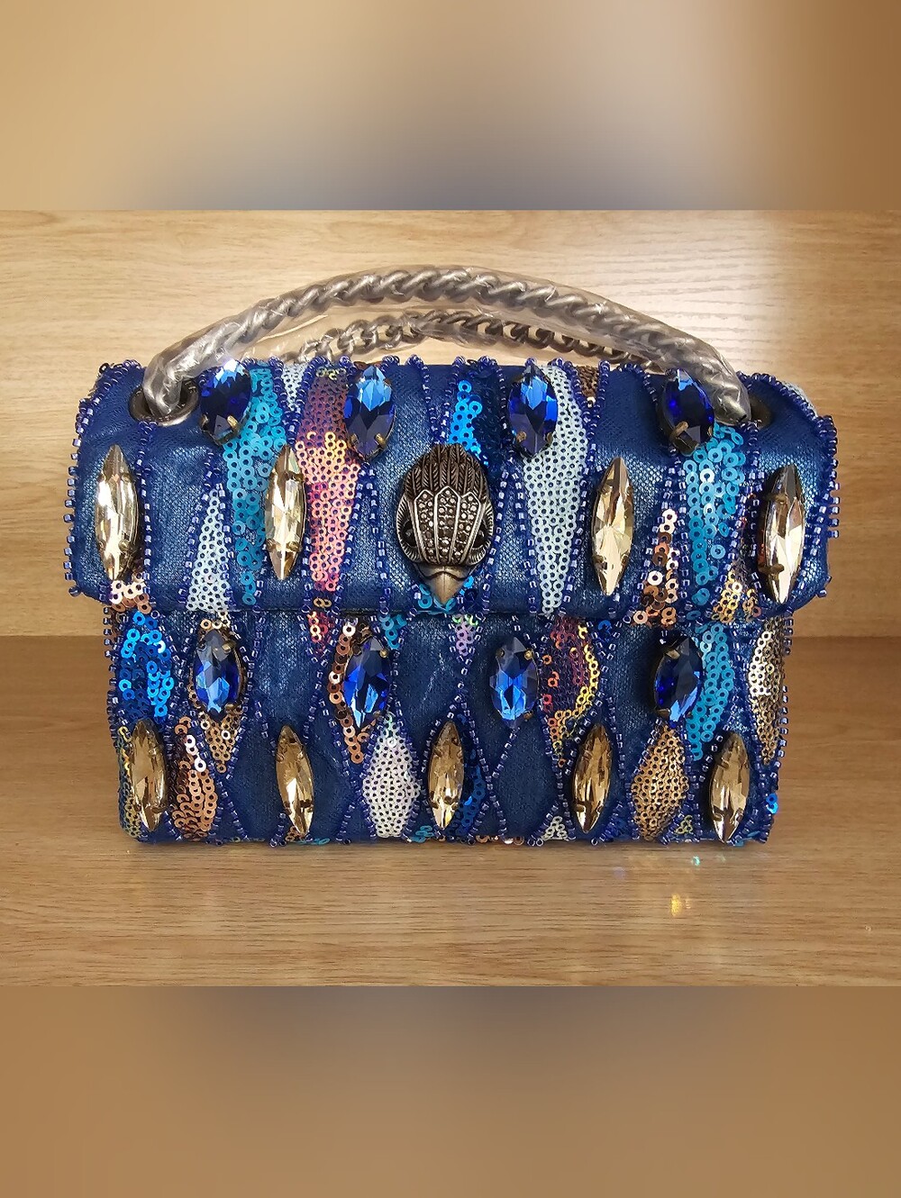 Kurt Geiger Embellished Blue Sequin Evening Bag with Crystal Accents